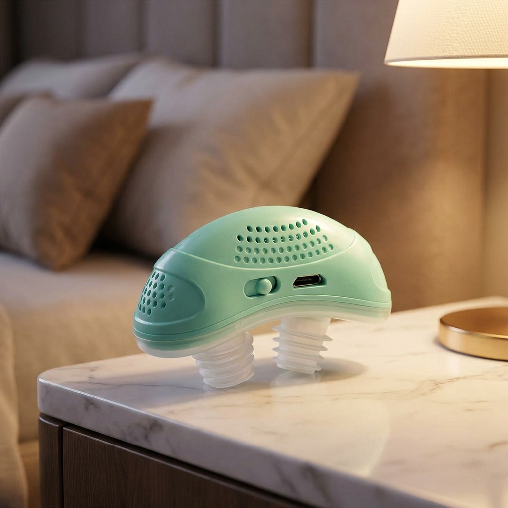 Compact Travel CPAP Sleep Apnea Device on marble nightstand